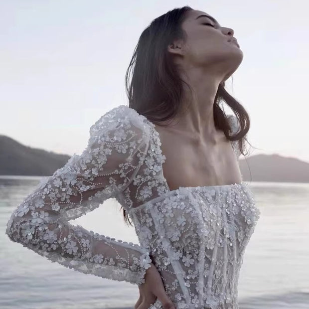 Pearl Embroidery Mesh Maxi Gown