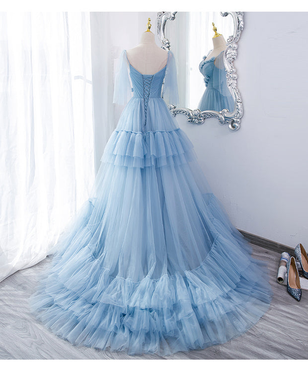 Serene Azure: The Tiered Tulle Maxi Gown