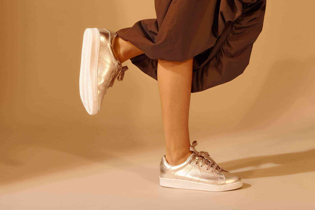 Women's Leather Sneakers - Metallic Golden